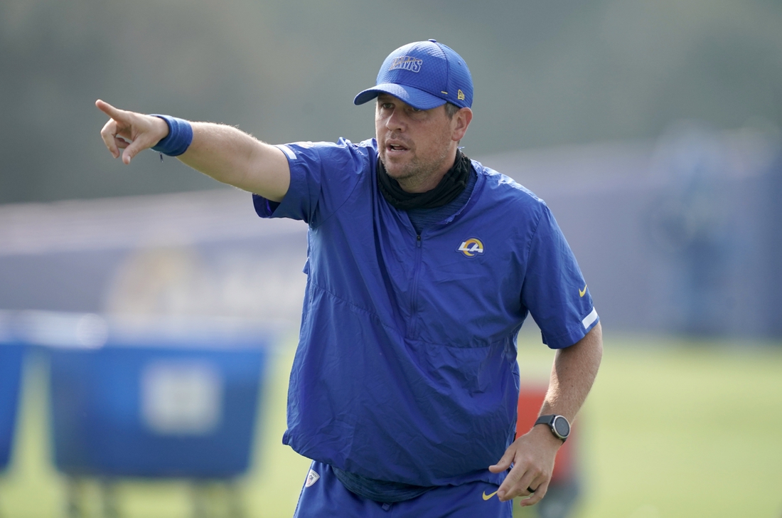 Aug 21, 2020; Thousand Oaks, CA, USA; Los Angeles Rams pass game coordinator Shane Waldron gestures  during training camp at Cal Lutheran University. Mandatory Credit: Kirby Lee-USA TODAY Sports