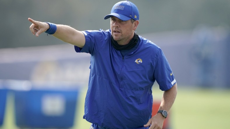 Aug 21, 2020; Thousand Oaks, CA, USA; Los Angeles Rams pass game coordinator Shane Waldron gestures  during training camp at Cal Lutheran University. Mandatory Credit: Kirby Lee-USA TODAY Sports