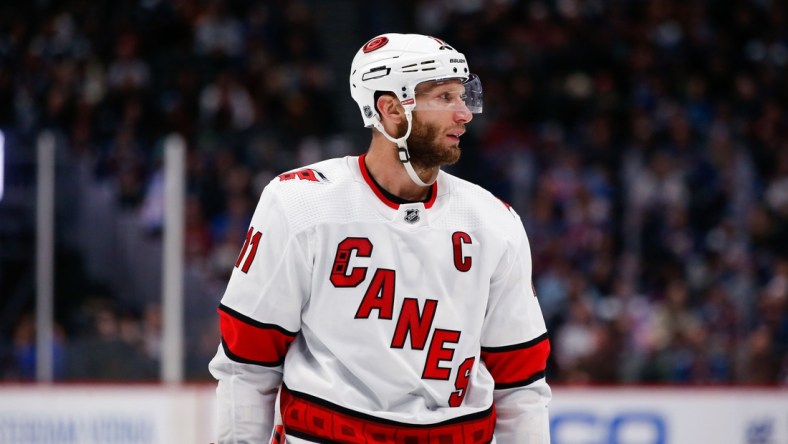 Dec 19, 2019; Denver, CO, USA; Carolina Hurricanes center Jordan Staal (11) in the third period against the Colorado Avalanche at the Pepsi Center. Mandatory Credit: Isaiah J. Downing-USA TODAY Sports