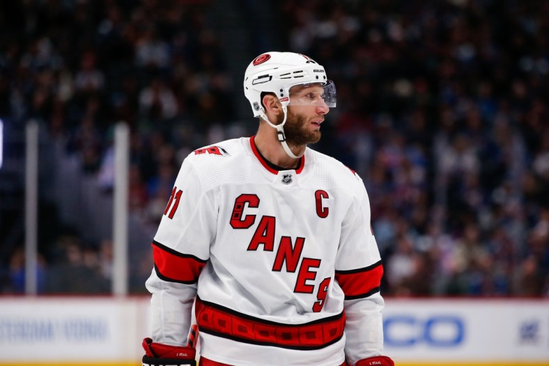 Dec 19, 2019; Denver, CO, USA; Carolina Hurricanes center Jordan Staal (11) in the third period against the Colorado Avalanche at the Pepsi Center. Mandatory Credit: Isaiah J. Downing-USA TODAY Sports