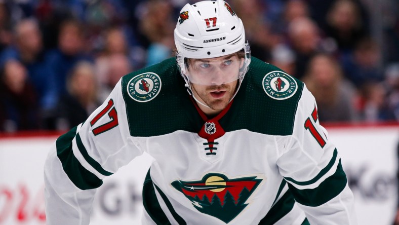 Dec 27, 2019; Denver, Colorado, USA; Minnesota Wild left wing Marcus Foligno (17) in the first period against the Colorado Avalanche at the Pepsi Center. Mandatory Credit: Isaiah J. Downing-USA TODAY Sports