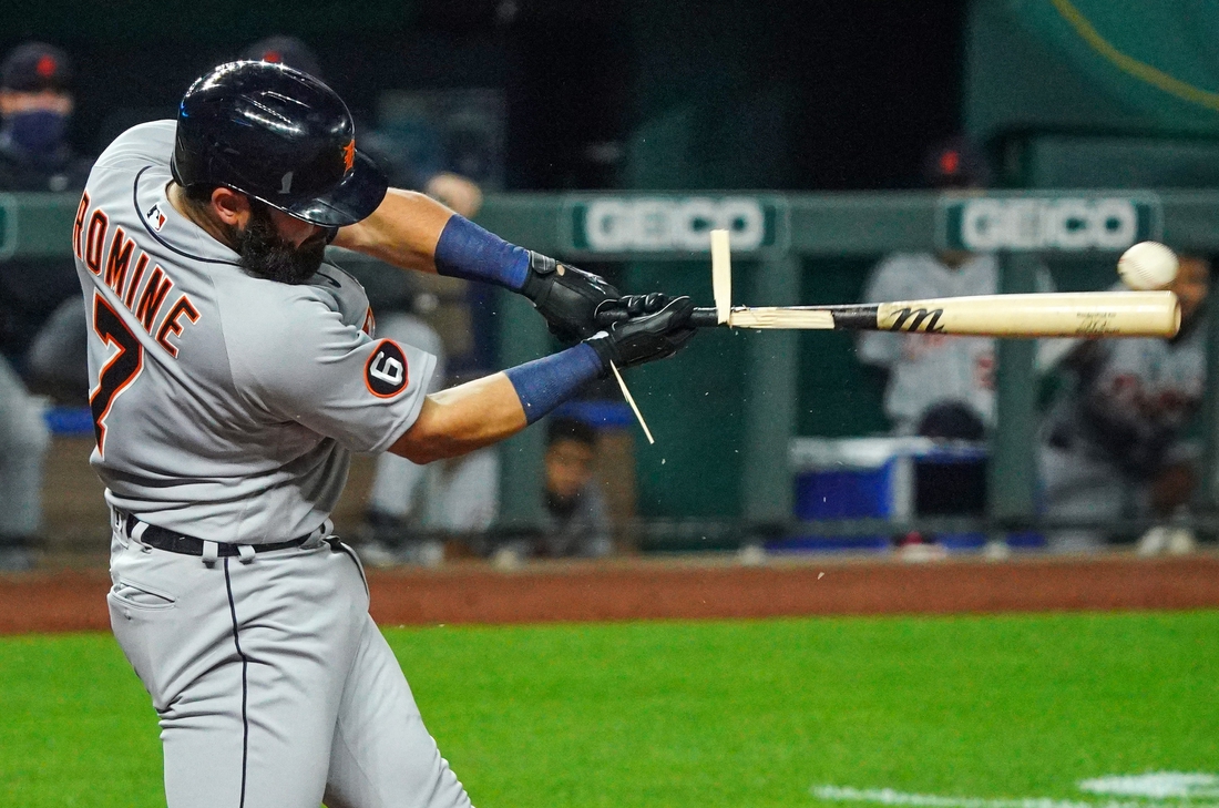 Sep 24, 2020; Kansas City, Missouri, USA; Detroit Tigers catcher Austin Romine (7) breaks his bat as he makes contact with the ball during the fourth inning against the Kansas City Royals at Kauffman Stadium. Mandatory Credit: Jay Biggerstaff-USA TODAY Sports