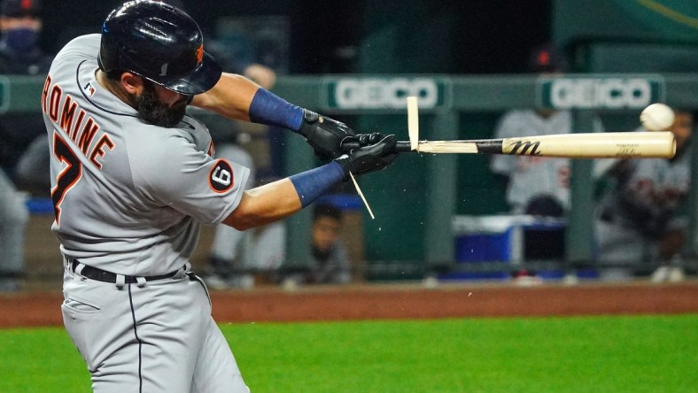 Sep 24, 2020; Kansas City, Missouri, USA; Detroit Tigers catcher Austin Romine (7) breaks his bat as he makes contact with the ball during the fourth inning against the Kansas City Royals at Kauffman Stadium. Mandatory Credit: Jay Biggerstaff-USA TODAY Sports