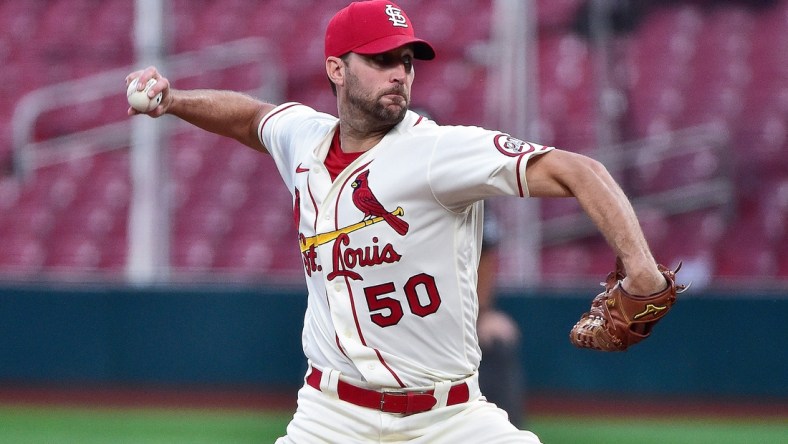 Sep 26, 2020; St. Louis, Missouri, USA;  St. Louis Cardinals starting pitcher Adam Wainwright (50) pitches during the second inning against the Milwaukee Brewers at Busch Stadium. Mandatory Credit: Jeff Curry-USA TODAY Sports