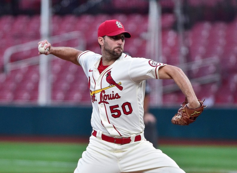 Sep 26, 2020; St. Louis, Missouri, USA;  St. Louis Cardinals starting pitcher Adam Wainwright (50) pitches during the second inning against the Milwaukee Brewers at Busch Stadium. Mandatory Credit: Jeff Curry-USA TODAY Sports