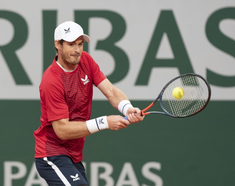 Sep 27, 2020; Paris, France; Andy Murray (GBR) in action during his match against Stanislas Wawrinka (SUI) on day one at Stade Roland Garros. Mandatory Credit: Susan Mullane-USA TODAY Sports