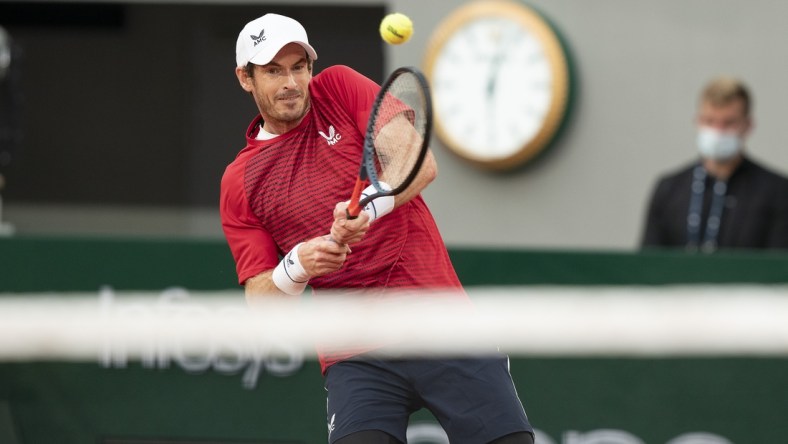 Sep 27, 2020; Paris, France; Andy Murray (GBR) in action during his match against Stanislas Wawrinka (SUI) on day one at Stade Roland Garros. Mandatory Credit: Susan Mullane-USA TODAY Sports