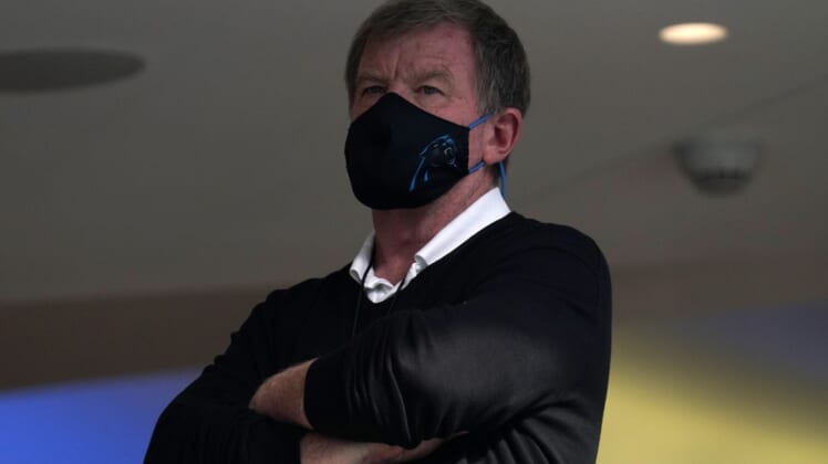 Sep 27, 2020; Inglewood, California, USA; Carolina Panthers general manager Marty Hurney watches during the game against the Los Angeles Chargers at SoFi Stadium. The Panthers defeated the Chargers 21-16. Mandatory Credit: Kirby Lee-USA TODAY Sports