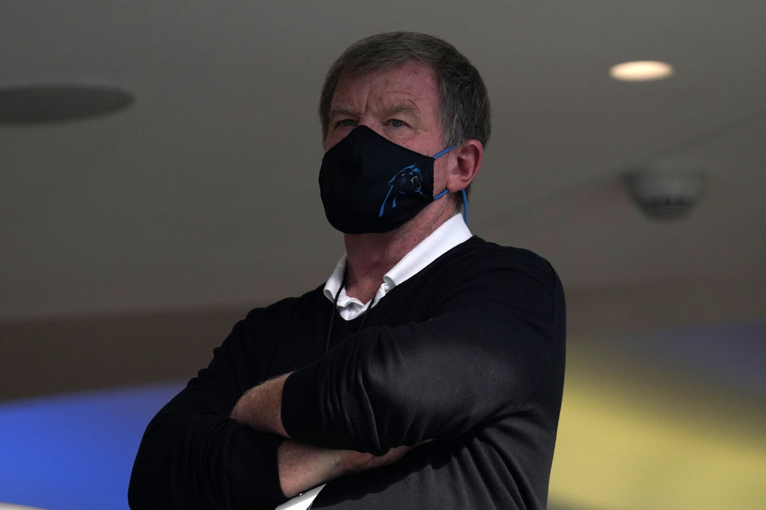 Sep 27, 2020; Inglewood, California, USA; Carolina Panthers general manager Marty Hurney watches during the game against the Los Angeles Chargers at SoFi Stadium. The Panthers defeated the Chargers 21-16. Mandatory Credit: Kirby Lee-USA TODAY Sports