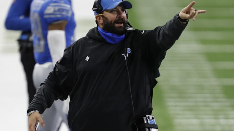 Oct 4, 2020; Detroit, Michigan, USA; Detroit Lions head coach Matt Patricia points down the field during the fourth quarter against the New Orleans Saints at Ford Field. Mandatory Credit: Raj Mehta-USA TODAY Sports
