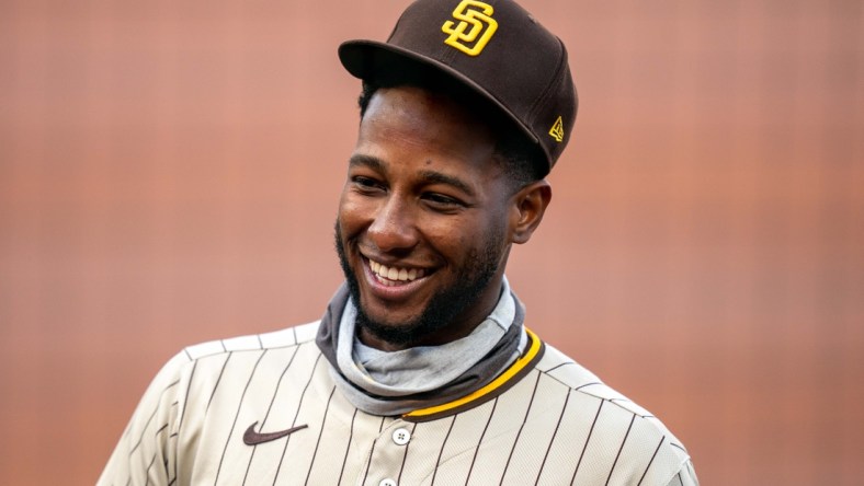 September 26, 2020; San Francisco, California, USA; San Diego Padres right fielder Jurickson Profar (10) before the game against the San Francisco Giants at Oracle Park. Mandatory Credit: Kyle Terada-USA TODAY Sports