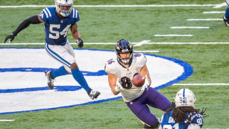 Nov 8, 2020; Indianapolis, Indiana, USA; Baltimore Ravens tight end Nick Boyle (86) catches the ball against the Indianapolis Colts in the second half at Lucas Oil Stadium. Mandatory Credit: Trevor Ruszkowski-USA TODAY Sports