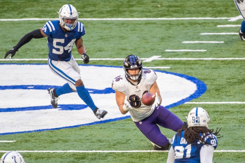 Nov 8, 2020; Indianapolis, Indiana, USA; Baltimore Ravens tight end Nick Boyle (86) catches the ball against the Indianapolis Colts in the second half at Lucas Oil Stadium. Mandatory Credit: Trevor Ruszkowski-USA TODAY Sports