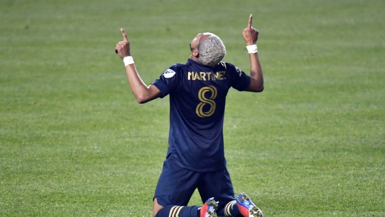 Nov 8, 2020; Chester, Pennsylvania, USA; Philadelphia Union midfielder Jose Andres Martinez (8) reacts after defeating the New England Revolution and winning the Supporters' Shield at Subaru Park. Mandatory Credit: Eric Hartline-USA TODAY Sports