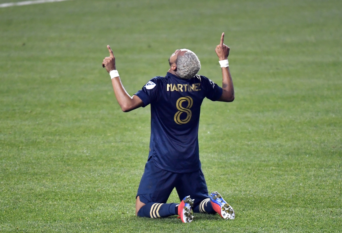 Nov 8, 2020; Chester, Pennsylvania, USA; Philadelphia Union midfielder Jose Andres Martinez (8) reacts after defeating the New England Revolution and winning the Supporters' Shield at Subaru Park. Mandatory Credit: Eric Hartline-USA TODAY Sports