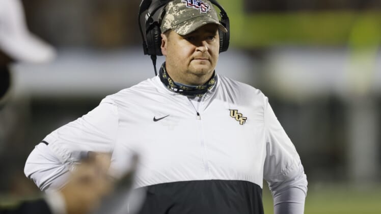 Nov 14, 2020; Orlando, Florida, USA;  UCF Knights head coach Josh Heupel watches from the sidelines during the first quarter against the Temple Owls at the Bounce House. Mandatory Credit: Reinhold Matay-USA TODAY Sports