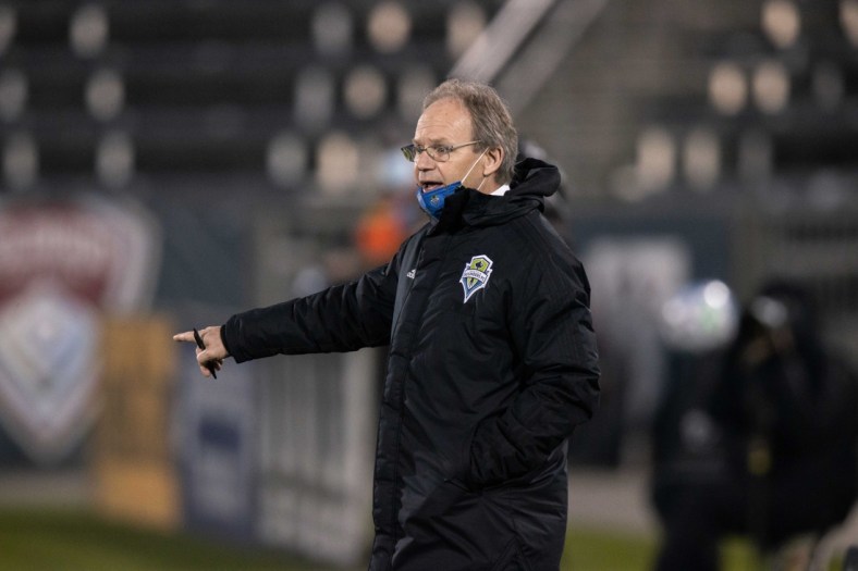 Nov 1, 2020; Commerce City, Colorado, USA; Seattle Sounders head coach Brian Schmetzer in the second half against the Colorado Rapids at Dick's Sporting Goods Park. Mandatory Credit: Isaiah J. Downing-USA TODAY Sports