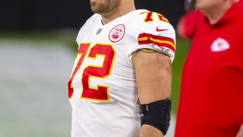 Nov 22, 2020; Paradise, Nevada, USA; Kansas City Chiefs offensive tackle Eric Fisher (72) against the Las Vegas Raiders at Allegiant Stadium. Mandatory Credit: Mark J. Rebilas-USA TODAY Sports