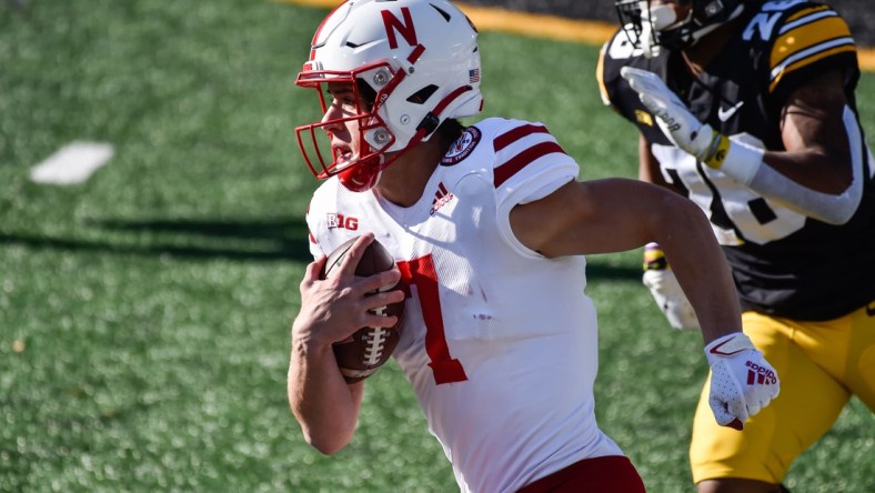 Nov 27, 2020; Iowa City, Iowa, USA; Nebraska Cornhuskers quarterback Luke McCaffrey (7) in action against the Iowa Hawkeyes at Kinnick Stadium. Mandatory Credit: Jeffrey Becker-USA TODAY Sports