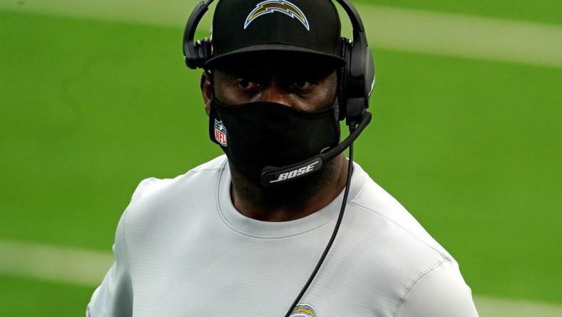 Dec 6, 2020; Inglewood, California, USA; Los Angeles Chargers head coach Anthony Lynn looks on from the sideline during the first half against the New England Patriots at SoFi Stadium. Mandatory Credit: Kirby Lee-USA TODAY Sports