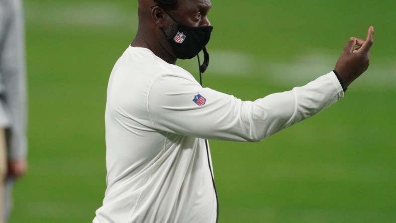 Dec 17, 2020; Paradise, Nevada, USA; Los Angeles Chargers head coach Anthony Lynn watches game action against the Las Vegas Raiders during overtime at Allegiant Stadium. Mandatory Credit: Kirby Lee-USA TODAY Sports