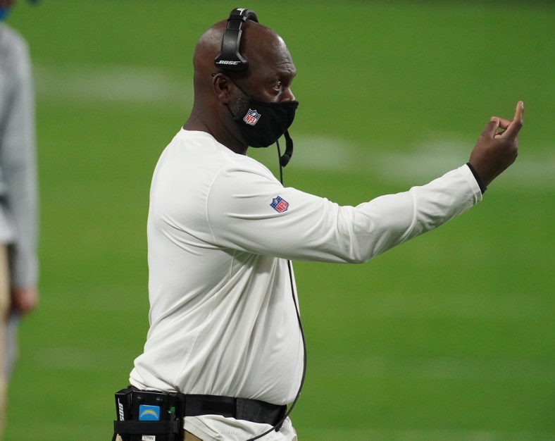 Dec 17, 2020; Paradise, Nevada, USA; Los Angeles Chargers head coach Anthony Lynn watches game action against the Las Vegas Raiders during overtime at Allegiant Stadium. Mandatory Credit: Kirby Lee-USA TODAY Sports