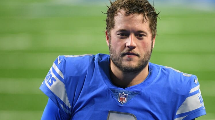 Jan 3, 2021; Detroit, Michigan, USA; Detroit Lions quarterback Matthew Stafford looks on before the game against the Minnesota Vikings at Ford Field. Mandatory Credit: Tim Fuller-USA TODAY Sports