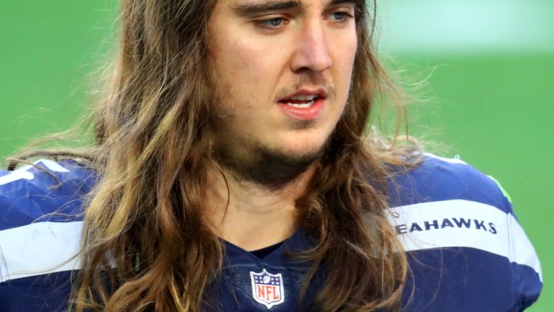 Jan 3, 2021; Glendale, Arizona, USA; Seattle Seahawks offensive tackle Chad Wheeler (75) against the San Francisco 49ers at State Farm Stadium. Mandatory Credit: Mark J. Rebilas-USA TODAY Sports