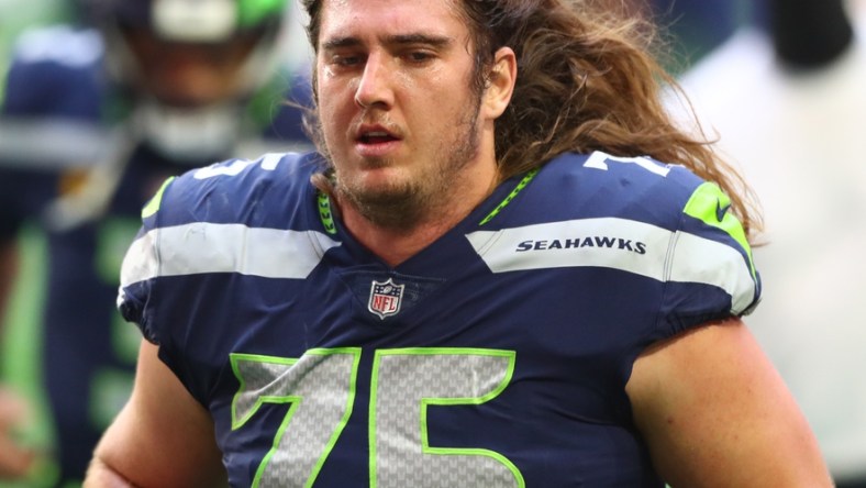 Jan 3, 2021; Glendale, Arizona, USA; Seattle Seahawks offensive tackle Chad Wheeler (75) against the San Francisco 49ers at State Farm Stadium. Mandatory Credit: Mark J. Rebilas-USA TODAY Sports