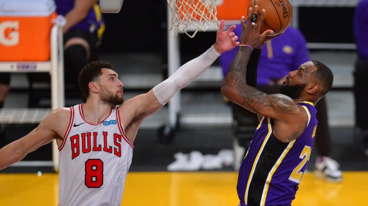 Jan 8, 2021; Los Angeles, California, USA; Los Angeles Lakers forward LeBron James (23) moves to the basket against Chicago Bulls guard Zach LaVine (8) during the second half at Staples Center. Mandatory Credit: Gary A. Vasquez-USA TODAY Sports