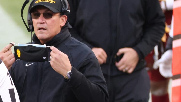 Dec 20, 2020; Landover, Maryland, USA; Washington Football Team head coach Ron Rivera looks on from the sidelines against the Seattle Seahawks at FedExField. Mandatory Credit: Geoff Burke-USA TODAY Sports