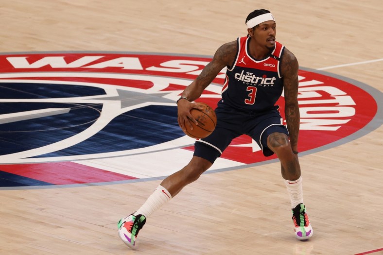 Jan 11, 2021; Washington, District of Columbia, USA; Washington Wizards guard Bradley Beal (3) dribbles the ball against the Phoenix Suns at Capital One Arena. Mandatory Credit: Geoff Burke-USA TODAY Sports