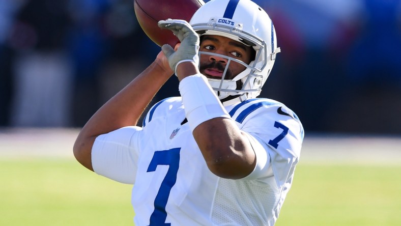 Jan 9, 2021; Orchard Park, New York, USA; Indianapolis Colts quarterback Jacoby Brissett (7) warms up prior to a AFC Wild Card game against the Buffalo Bills at Bills Stadium. Mandatory Credit: Rich Barnes-USA TODAY Sports