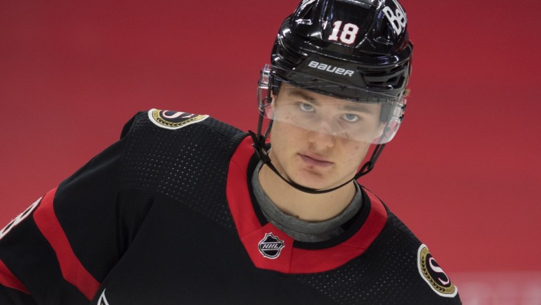 Jan 15, 2021; Ottawa, Ontario, CAN; Ottawa Senators left wing Tim Stutzle (18) warms up prior to a game against the Toronto Maple Leafs at the Canadian Tire Centre. Mandatory Credit: Marc DesRosiers-USA TODAY Sports