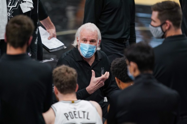 Jan 16, 2021; San Antonio, Texas, USA;  San Antonio Spurs head coach Gregg Popovich addresses his team in the second half against the Houston Rockets at the AT&T Center. Mandatory Credit: Daniel Dunn-USA TODAY Sports