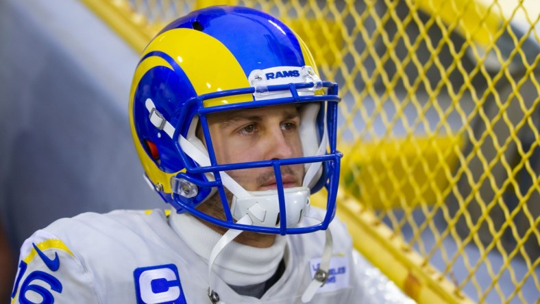 Jan 16, 2021; Green Bay, Wisconsin, USA; Los Angeles Rams quarterback Jared Goff (16) against Green Bay Packers during the NFC Divisional Round at Lambeau Field. Mandatory Credit: Mark J. Rebilas-USA TODAY Sports