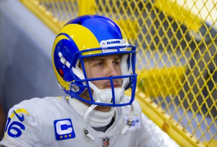 Jan 16, 2021; Green Bay, Wisconsin, USA; Los Angeles Rams quarterback Jared Goff (16) against Green Bay Packers during the NFC Divisional Round at Lambeau Field. Mandatory Credit: Mark J. Rebilas-USA TODAY Sports