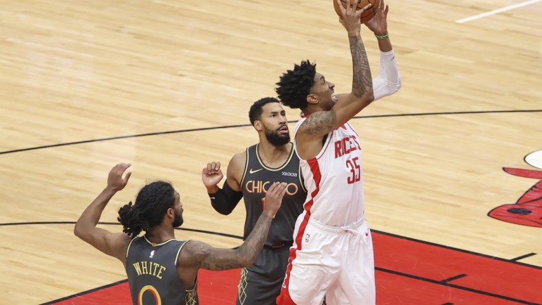 Jan 18, 2021; Chicago, Illinois, USA; Houston Rockets center Christian Wood (35) shoots against the Chicago Bulls during the second half at United Center. Mandatory Credit: Kamil Krzaczynski-USA TODAY Sports