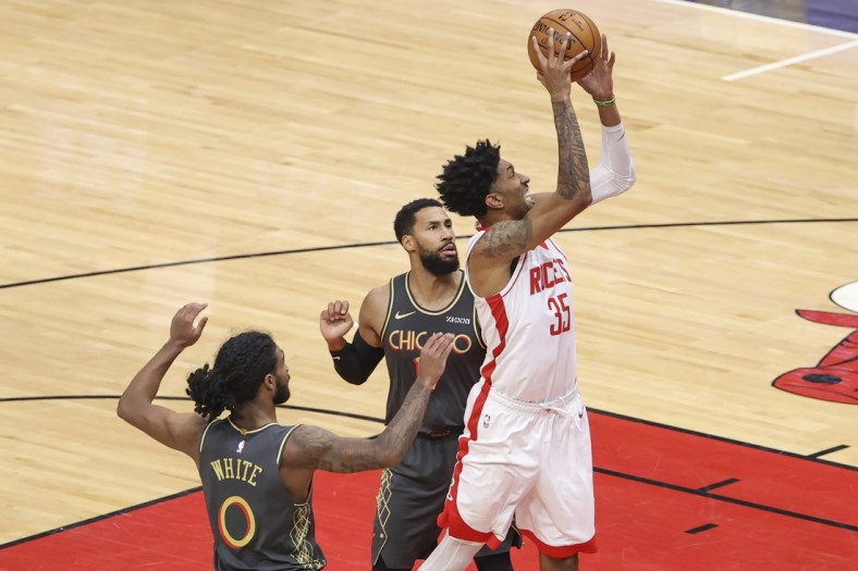 Jan 18, 2021; Chicago, Illinois, USA; Houston Rockets center Christian Wood (35) shoots against the Chicago Bulls during the second half at United Center. Mandatory Credit: Kamil Krzaczynski-USA TODAY Sports