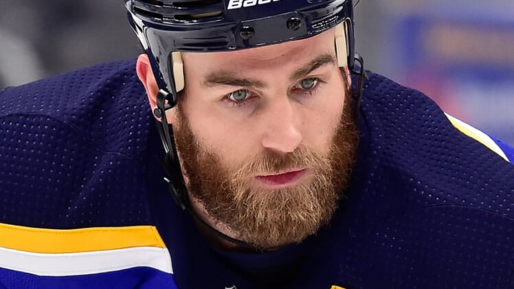 Jan 20, 2021; St. Louis, Missouri, USA;  St. Louis Blues center Ryan O'Reilly (90) looks on during the second period against the San Jose Sharks at Enterprise Center. Mandatory Credit: Jeff Curry-USA TODAY Sports