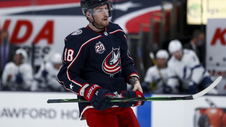 Jan 21, 2021; Columbus, Ohio, USA; Columbus Blue Jackets center Pierre-Luc Dubois (18) skates on the ice during a stop in play against the Tampa Bay Lightning at Nationwide Arena. Mandatory Credit: Aaron Doster-USA TODAY Sports