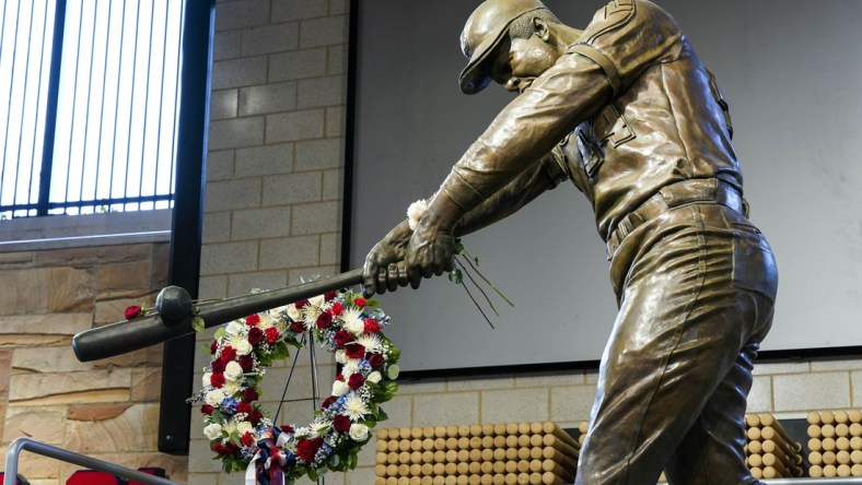 Jan 22, 2021; Atlanta, Georgia, USA; Scenes from the Hank Aaron statue and the Atlanta Braves Monument Garden at Truist Park home of the Atlanta Braves. Mandatory Credit: Dale Zanine-USA TODAY Sports