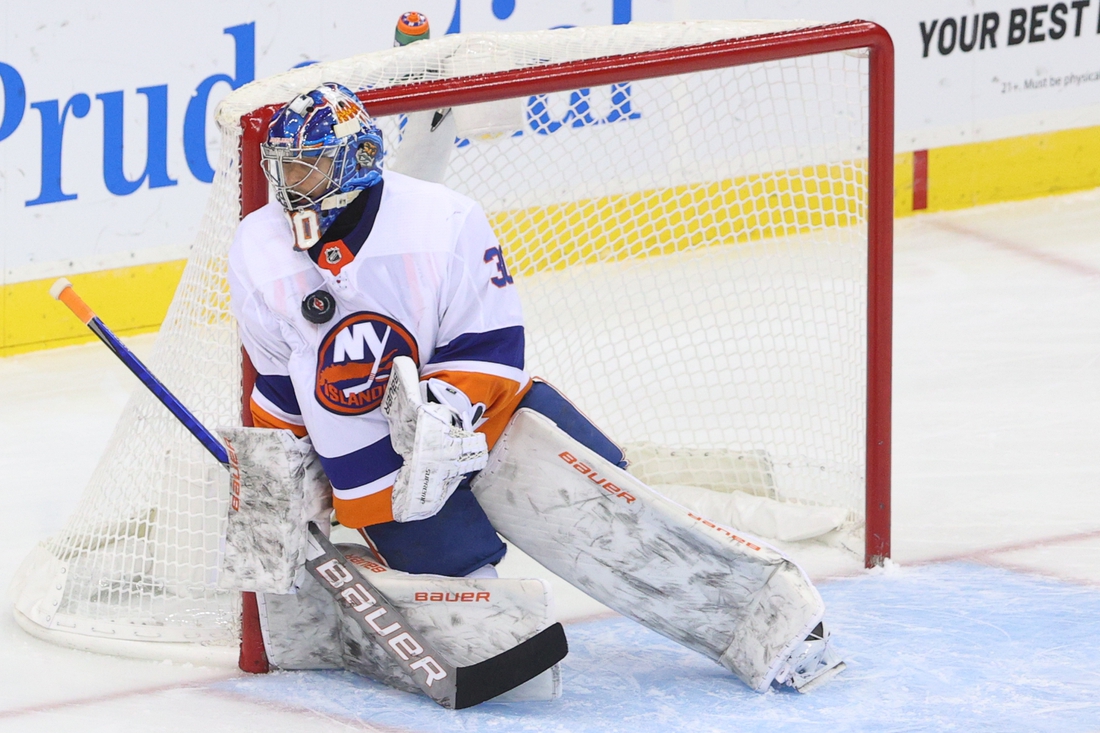 Jan 24, 2021; Newark, New Jersey, USA; New York Islanders goaltender Ilya Sorokin (30) makes a save during the third period of their game against the New Jersey Devils at Prudential Center. Mandatory Credit: Ed Mulholland-USA TODAY Sports