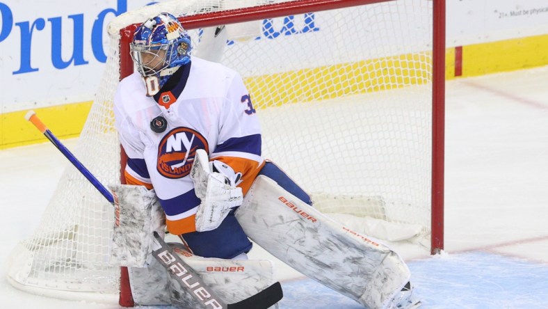 Jan 24, 2021; Newark, New Jersey, USA; New York Islanders goaltender Ilya Sorokin (30) makes a save during the third period of their game against the New Jersey Devils at Prudential Center. Mandatory Credit: Ed Mulholland-USA TODAY Sports