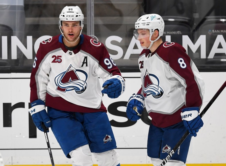 Jan 24, 2021; Anaheim, California, USA;  Colorado Avalanche right wing Mikko Rantanen (96) is congratulated by defenseman Cale Makar (8) after scoring a goal in the third period of the game against the Anaheim Ducks at Honda Center. Mandatory Credit: Jayne Kamin-Oncea-USA TODAY Sports