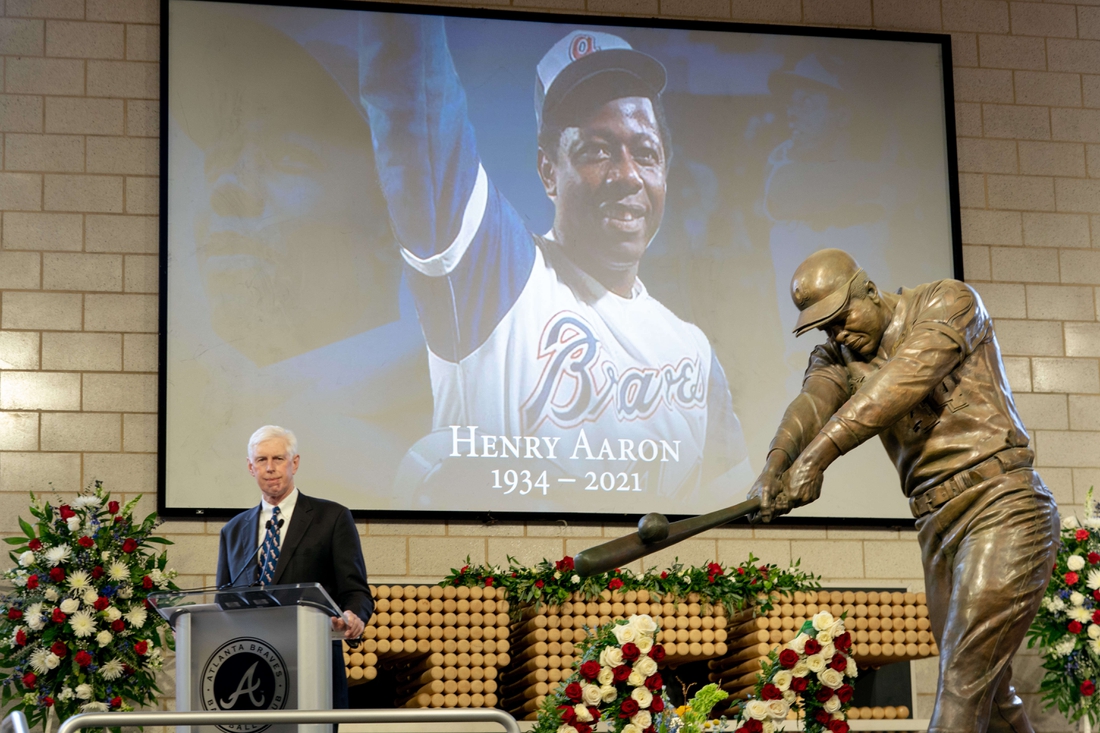 Jan 26, 2021; Atlanta, GA, USA; Braves Chairman Terry McGuirk speaks during "A Celebration of Henry Louis Aaron," a memorial service celebrating the life and enduring legacy of the late Hall of Famer and American icon, on Tuesday, Jan. 26, 2021 at Truist Park in Atlanta. Mandatory Credit: Kevin D. Liles/Pool Photo-USA TODAY Sports