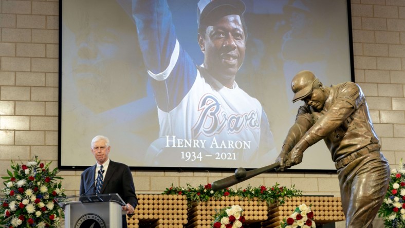 Jan 26, 2021; Atlanta, GA, USA; Braves Chairman Terry McGuirk speaks during "A Celebration of Henry Louis Aaron," a memorial service celebrating the life and enduring legacy of the late Hall of Famer and American icon, on Tuesday, Jan. 26, 2021 at Truist Park in Atlanta. Mandatory Credit: Kevin D. Liles/Pool Photo-USA TODAY Sports