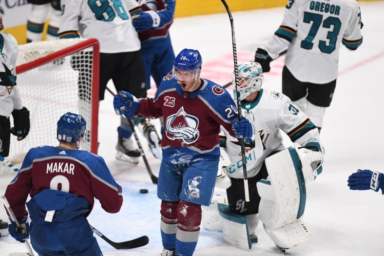 Jan 26, 2021; Denver, Colorado, USA; Colorado Avalanche left wing Brandon Saad (20) celebrates with defenseman Cale Makar (8)  after scoring a goal against the San Jose Sharks in the first period at Ball Arena. Mandatory Credit: Ron Chenoy-USA TODAY Sports