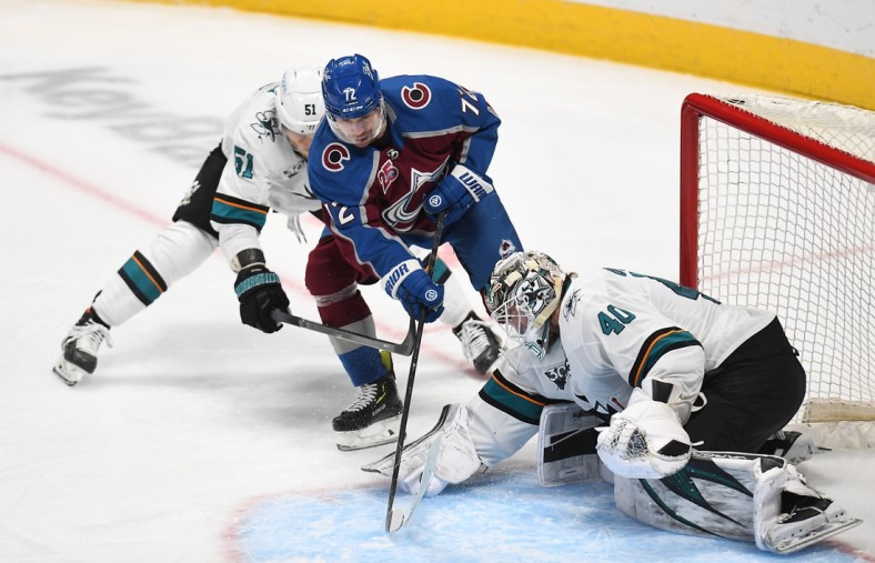 Jan 28, 2021; Denver, Colorado, USA; Colorado Avalanche right wing Joonas Donskoi (72) attempts to score on San Jose Sharks goaltender Devan Dubnyk (40) as defenseman Radim Simek (51) defends from behind in the second period at Ball Arena. Mandatory Credit: Ron Chenoy-USA TODAY Sports