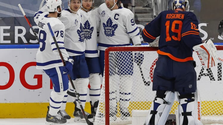 Jan 28, 2021; Edmonton, Alberta, CAN; Toronto Maple Leafs forward William Nylander (88) celebrate a first period goal against the Edmonton Oilers at Rogers Place. Mandatory Credit: Perry Nelson-USA TODAY Sports